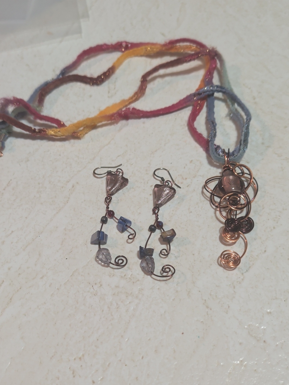 Handcrafted Copper Wire Pendant Necklace and Dangle Earrings - Multicolor